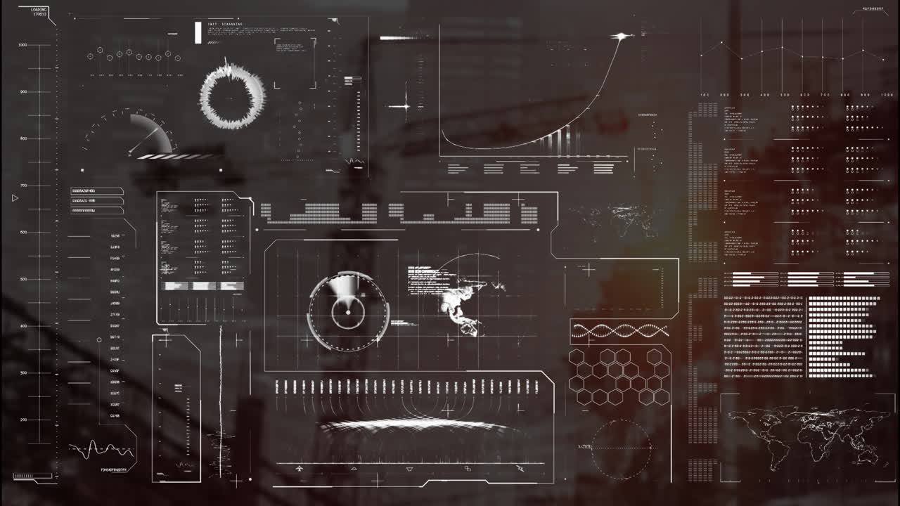 Animation of data processing and diagrams over cityscape