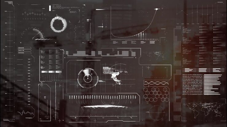 Animation of data processing and diagrams over cityscape
