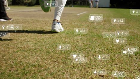 animation of social media icons with growing numbers over diverse male cricket players