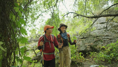 asian female tourists hiking in mountain woods