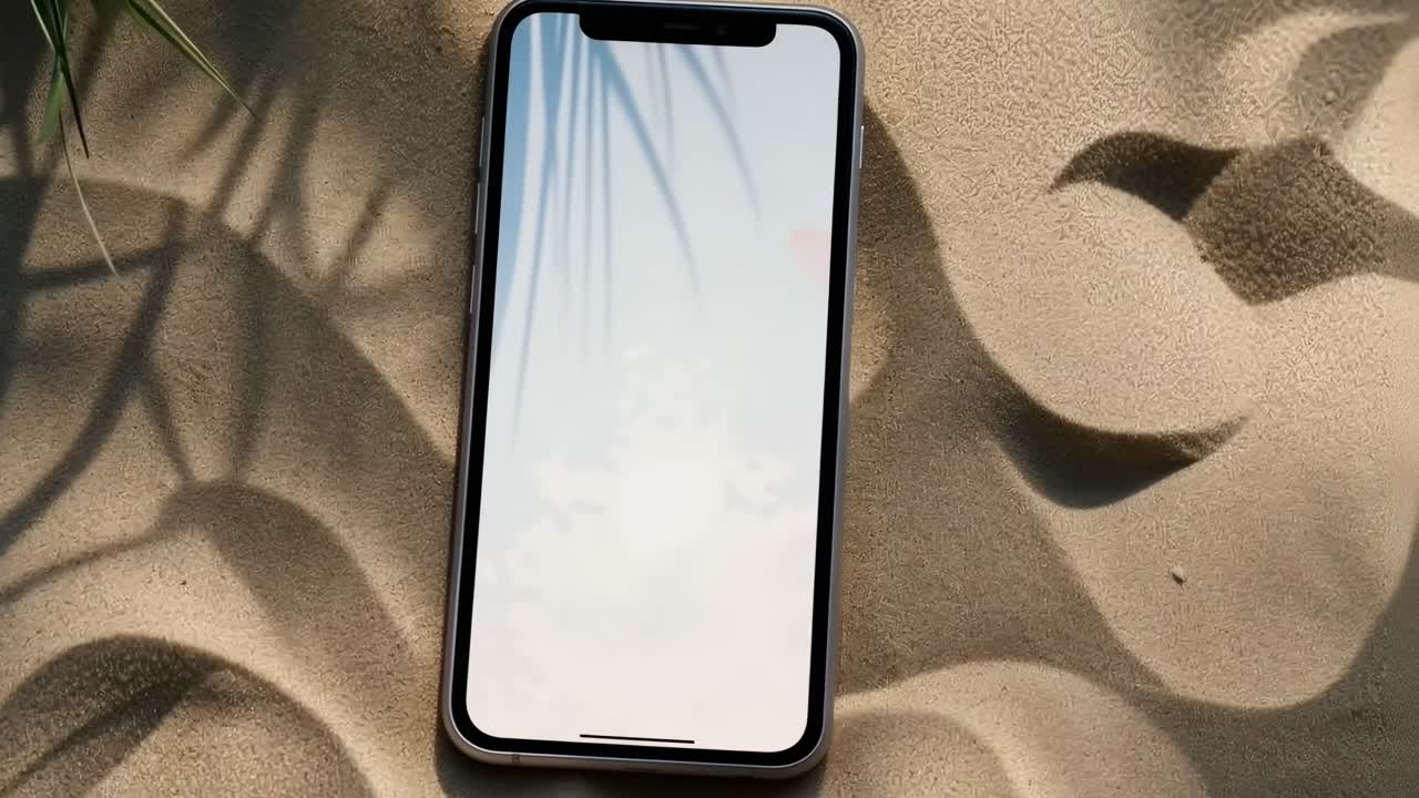 A smartphone on sandy beach, shot from above, displays a blank screen