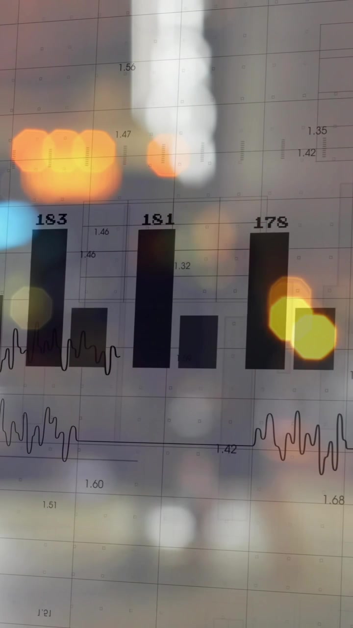 Animazione dell'elaborazione di dati finanziari su un paesaggio urbano