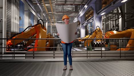 engineer reviewing blueprints in a modern factory