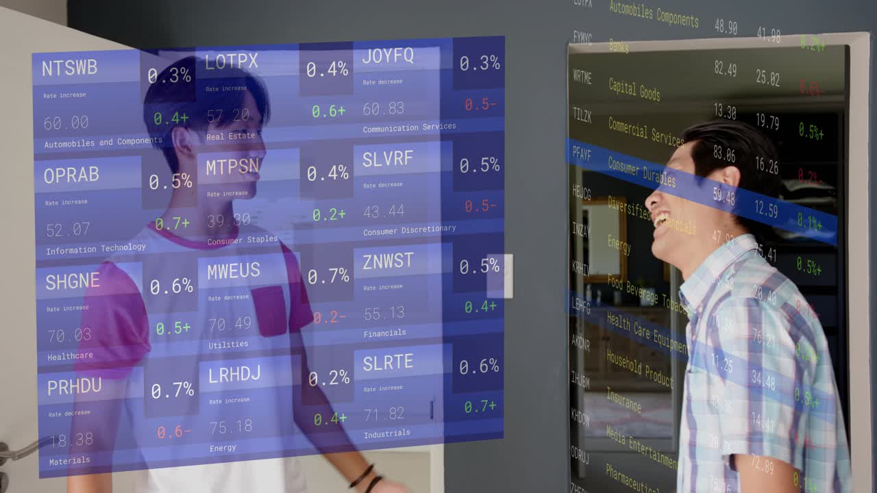 Teenager coming home at doorway and hugging dad, gesturing and laughing with stock data overlay