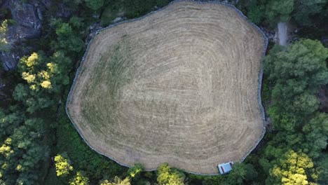 vista aérea del campo rodeado de árboles en el parque nacional de peneda geres, portugal, europa, subiendo
