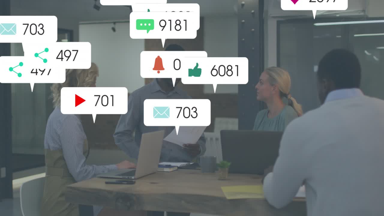 Team reviewing docs at table while social media icons appearing showing engagement rising fading