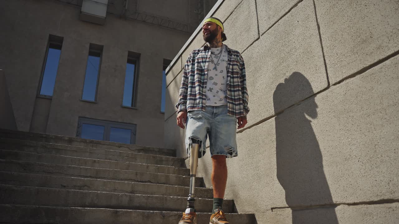Man with prosthetic leg on steps
