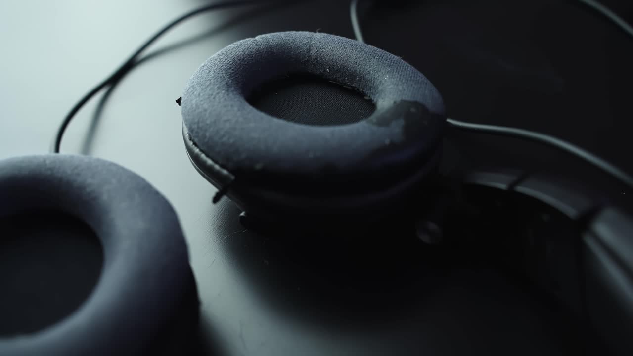 Makronærbilde av slitt over-ear hodetelefonørepute med kabel på mørkt skrivebord, kort dybdeskarphet og mykt lys – ideelt for lydutstyr, reparasjon og b-roll for musikkproduksjon