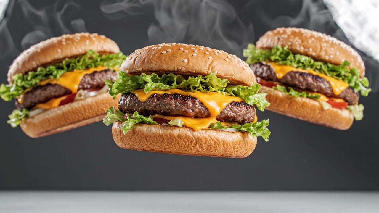 Cheeseburger appetitosi che fluttuano nell'aria, mettendo in mostra strati di manzo succoso, formaggio fuso, lattuga fresca e pomodoro con un delizioso panino ai semi di sesamo