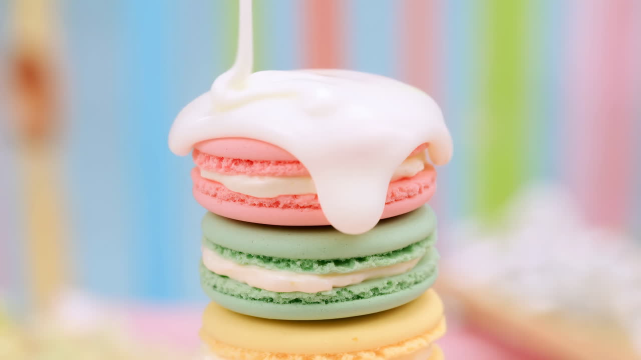 Macarons pastel empilés avec un glaçage blanc coulant sur le dessus, gros plan macro montrant une texture de crème lisse