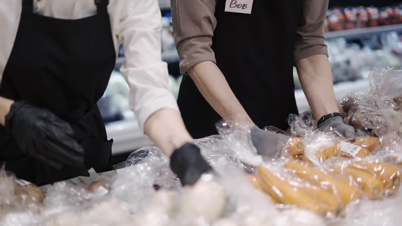 Happy workers in a black apron sort products and put them on a rack. Work in the store. Weekdays. healthy food. Close-up