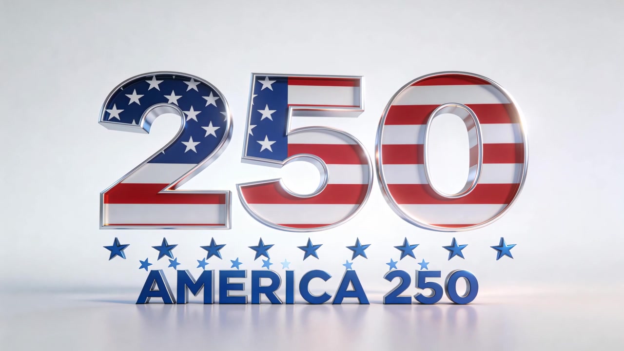 Animazione del logo "USA 250" con bandiera americana per la rivelazione, luci che attraversano il palco, stelle e "AMERICA 250" che si posizionano.