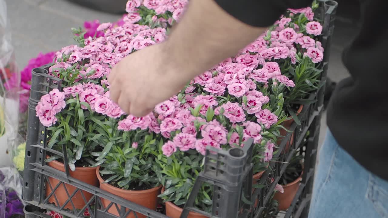 Un uomo che vende fiori rosa al mercato