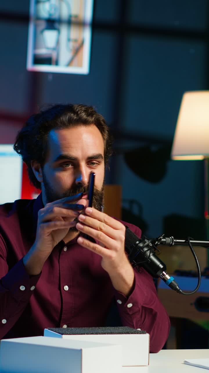 Guru tecnologico che utilizza una fotocamera professionale per filmare una recensione tecnologica di un nuovo cellulare in video verticale
