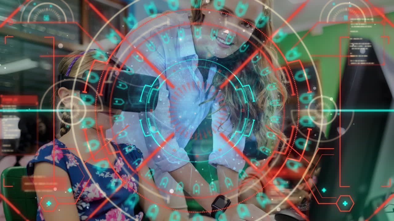 animación de escáner y procesamiento de datos sobre el maestro y la escolar utilizando computadora y vr