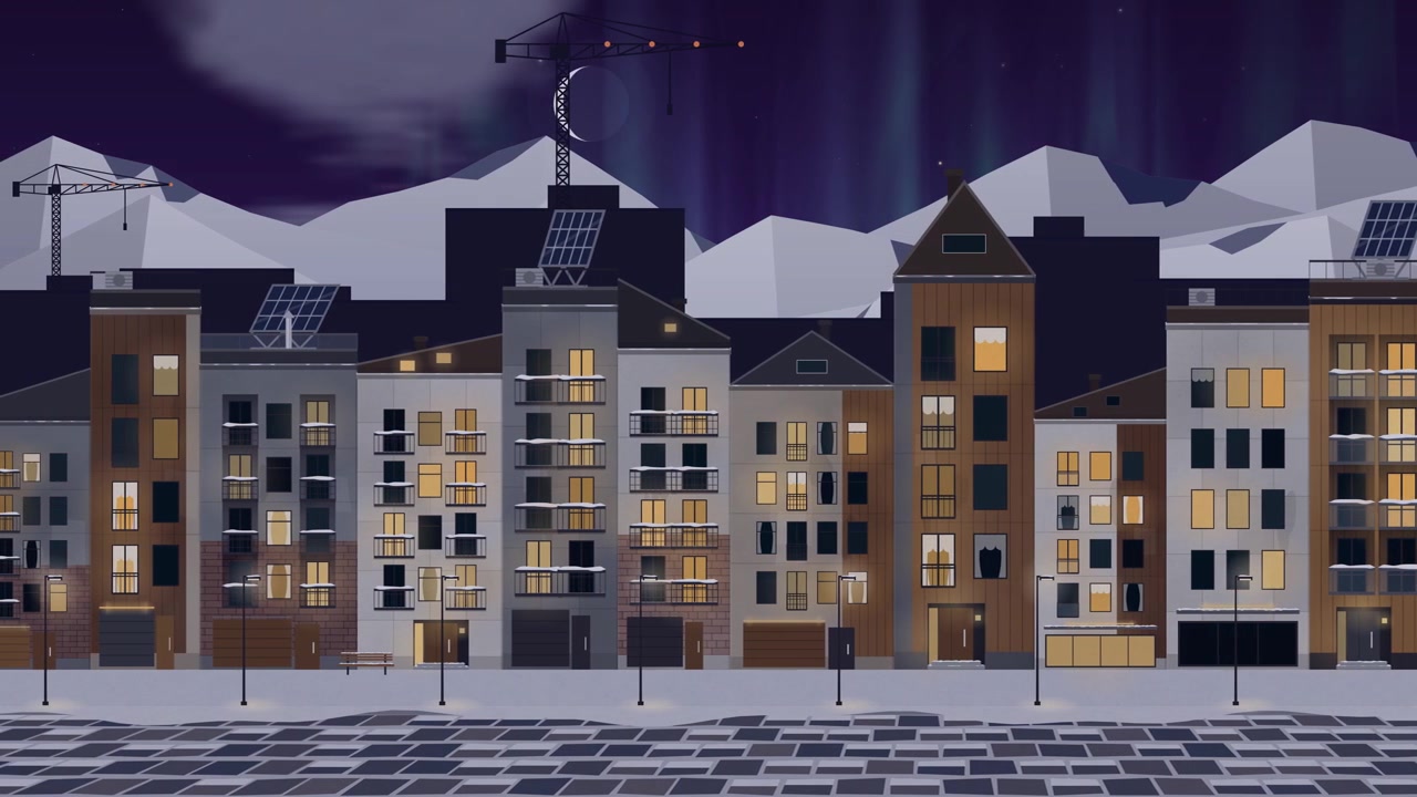 Paesaggio urbano invernale moderno, edifici con pannelli solari, luci calde, montagne innevate e sostenibilità urbana, animazione time-lapse in loop dal giorno alla notte.