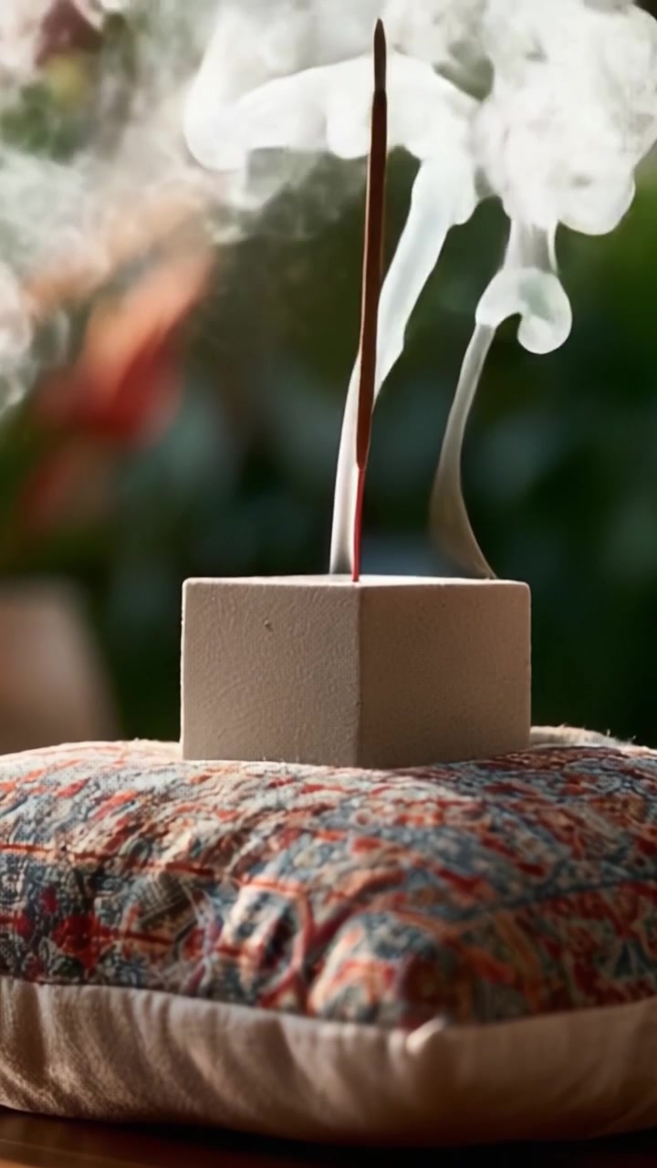 Un momento tranquillo catturato: fumo che danza con grazia da un bastoncino d'incenso su un morbido cuscino, creando un'atmosfera serena in un ambiente pacifico.