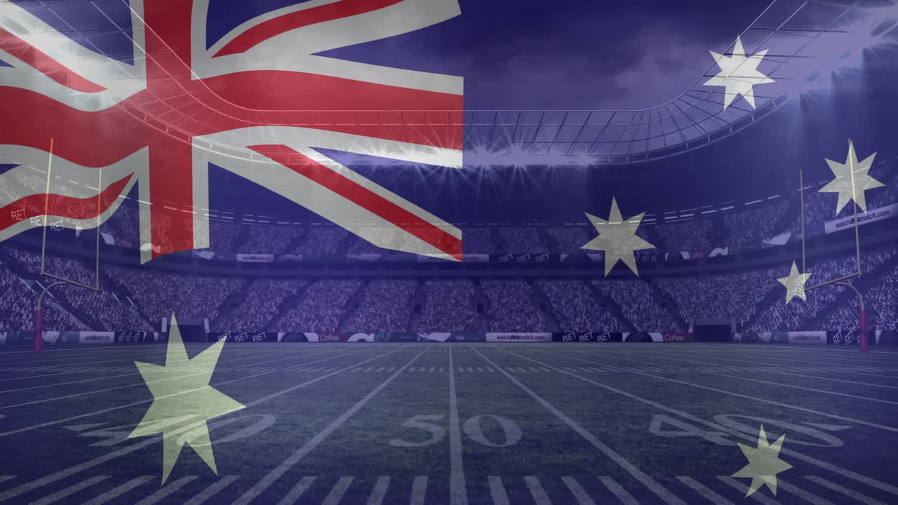 스포츠 경기장 을 바라보는 오스트레일리아  ⁇ 발 을 흔들고 있는 애니메이션