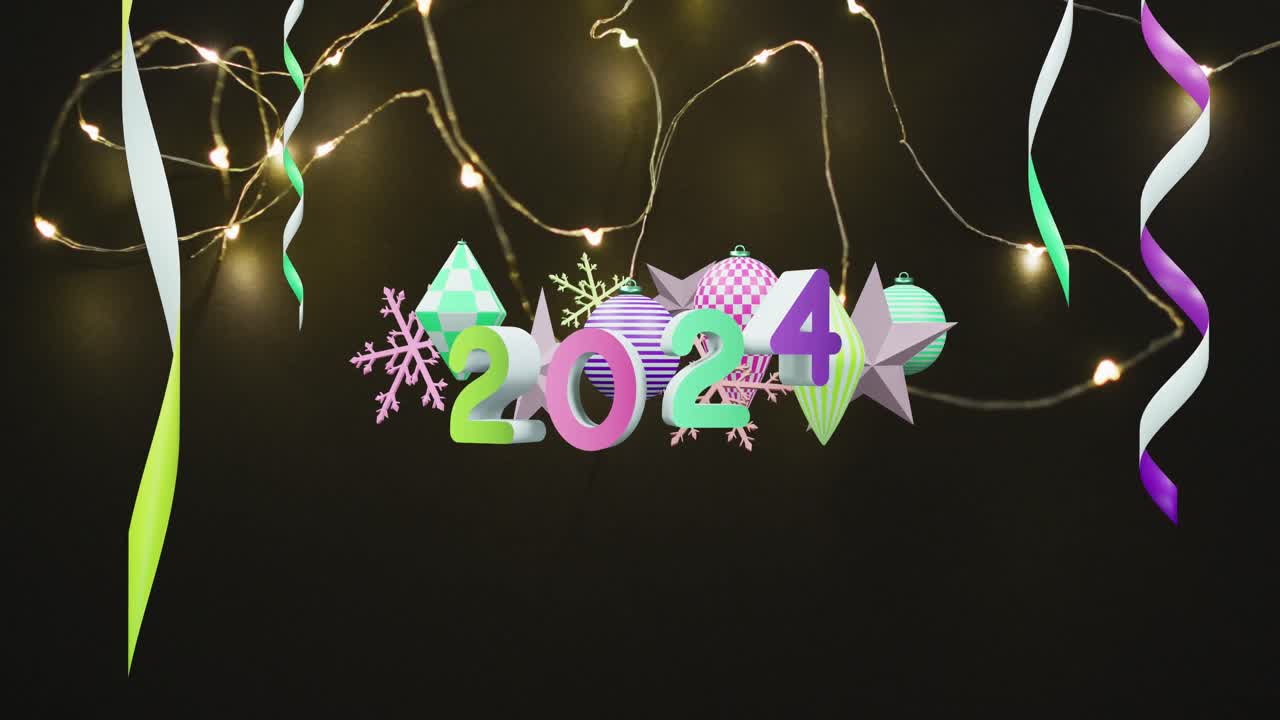 animación del texto de 2023 y decoraciones navideñas en el fondo
