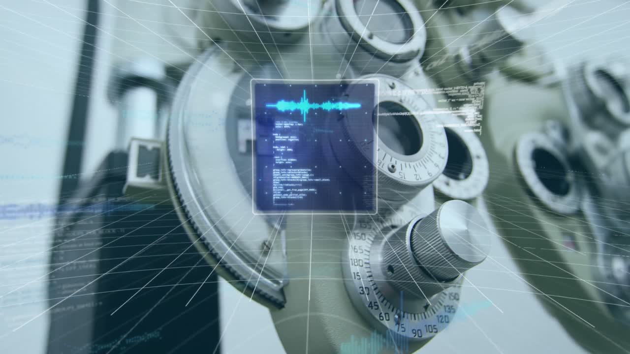 광학 기계에 대한 데이터와 함께 디지털 화면의 애니메이션