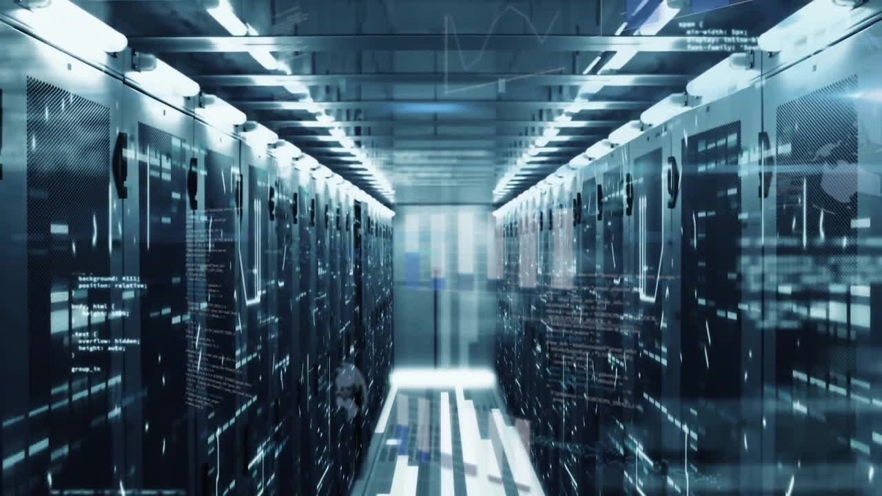 Data processing animation over server racks in futuristic data center