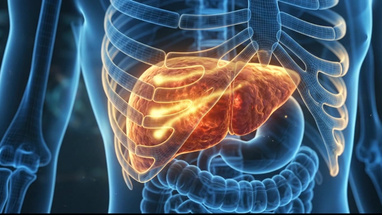 Digital Torso Skeleton Wireframe Rendering Highlighting the Liver Organ