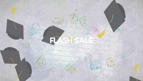 animación de iconos de artículos escolares y texto de venta flash sobre fondo blanco