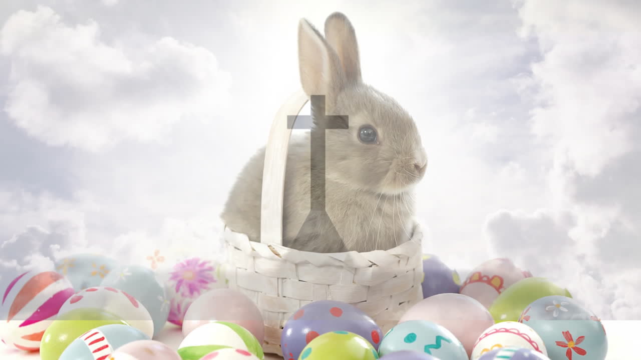 Sitting in basket, rabbit surrounded by colorful Easter eggs under cloudy sky