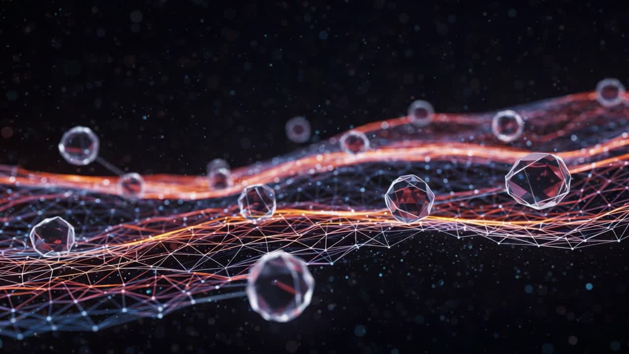 A captivating visual representation of interconnected particles and energy flows, showcasing dynamic crystal-like structures amidst a network of geometric shapes and vibrant colors