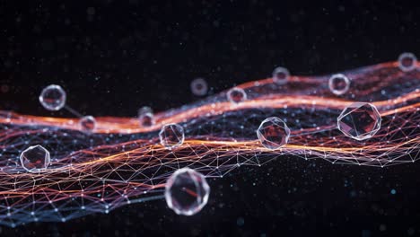 a captivating visual representation of interconnected particles and energy flows, showcasing dynamic crystal-like structures amidst a network of geometric shapes and vibrant colors