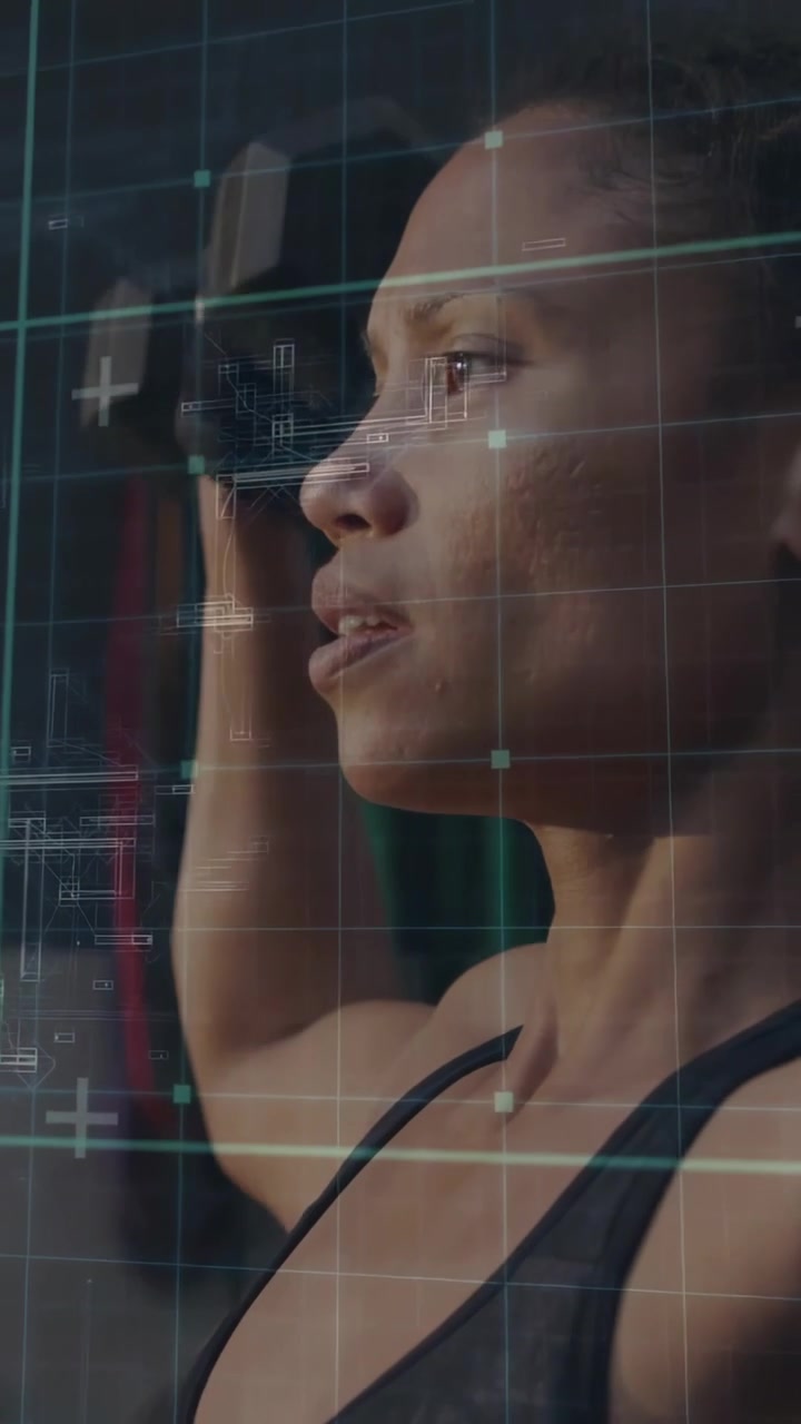 Vertical video: Woman lifting arms, starting overhead hold for training, HUD grid tracking breath