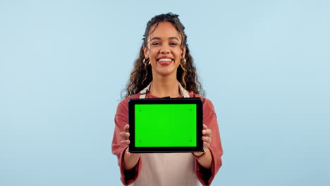 Propietario-De-Negocio,-Mujer-Y-Tableta-Con-Pantalla-Verde