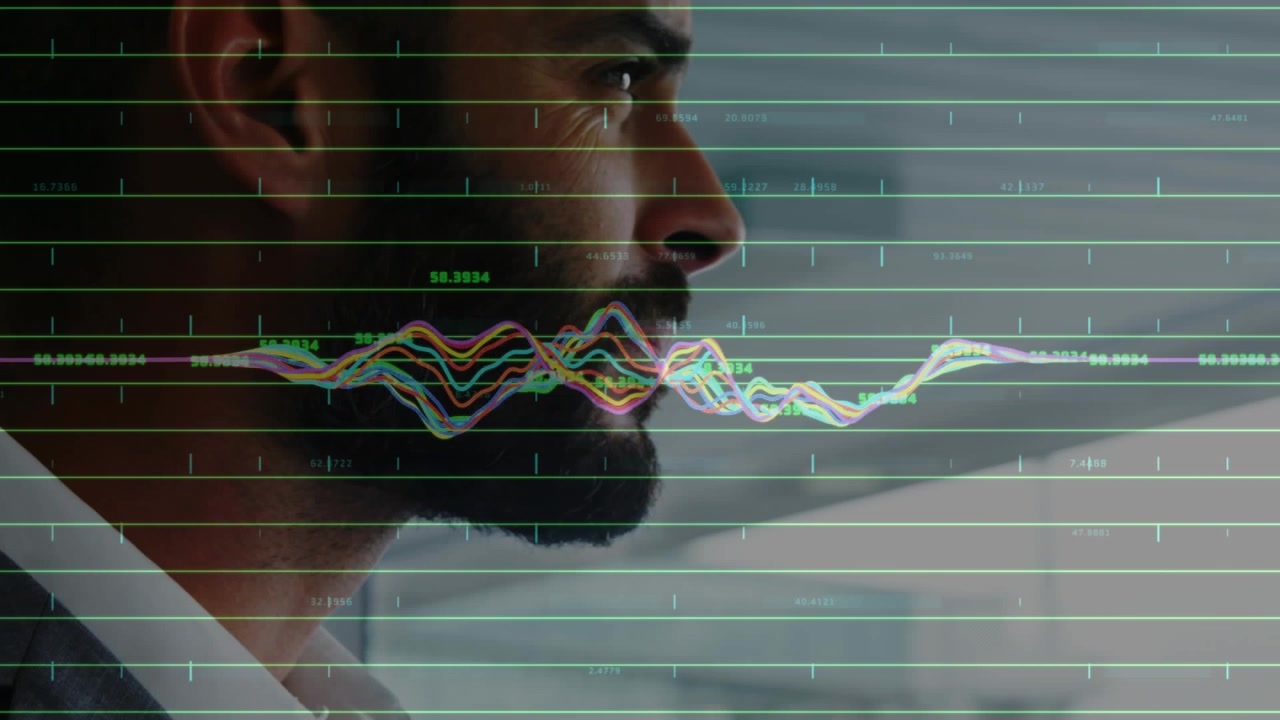 Animation of multiple graphs and increasing numbers over thoughtful businessman