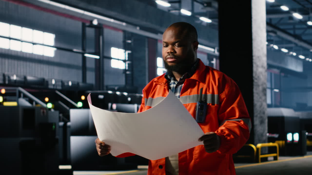 Black supervisor checking industrial plans for coordinating operation tasks