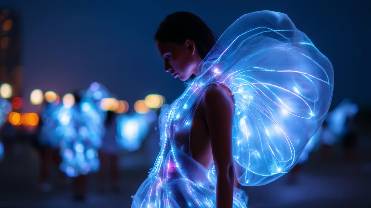 A breathtaking display of illuminated fashion at night featuring a woman in a stunning artistic garment enhanced by vibrant LED lights, creating an ethereal atmosphere in the background