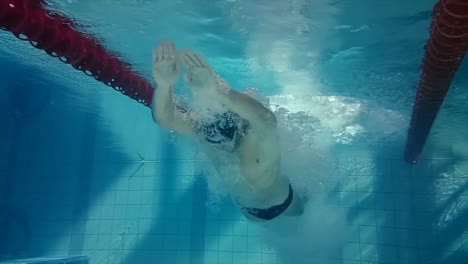 underwater view of man diving and swimming