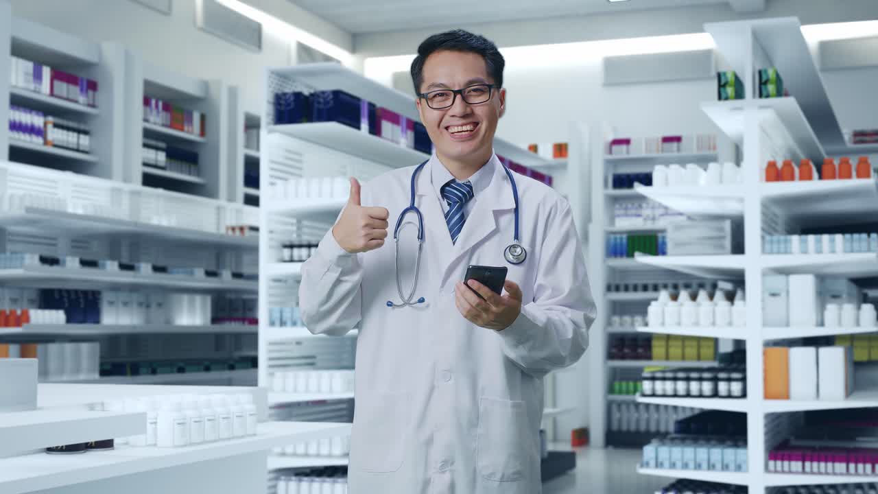 스마트폰을 사용하고 엄지손가락을 올리는 제스처를 사용하는 스테토스코프를 가진 아시아 남성 의사