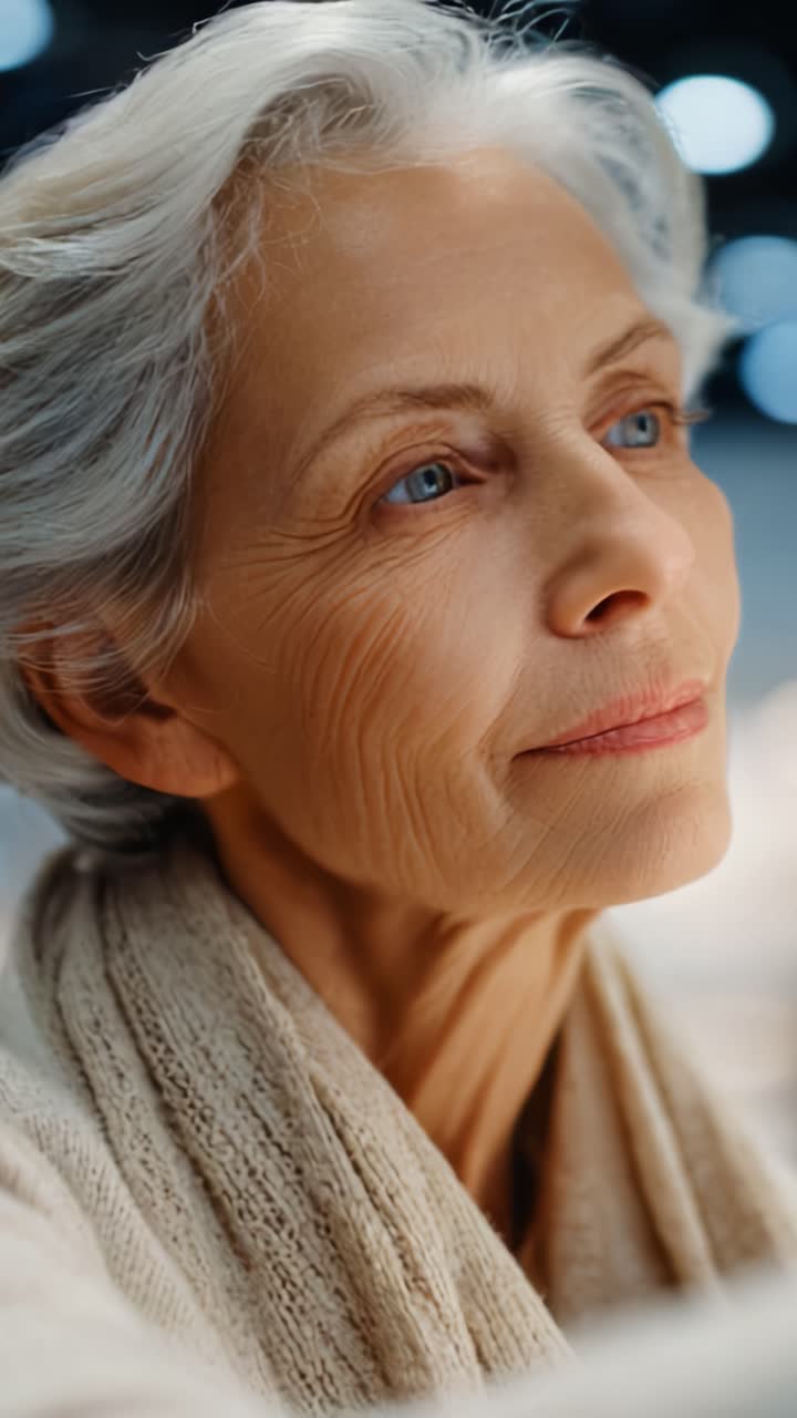 Contemplative Elderly Woman Reflecting on Life with Grace and Wisdom in Soft Lighting, Featuring Spun Silver Hair and Radiant Blue Eyes, A Portrait of Serenity and Character