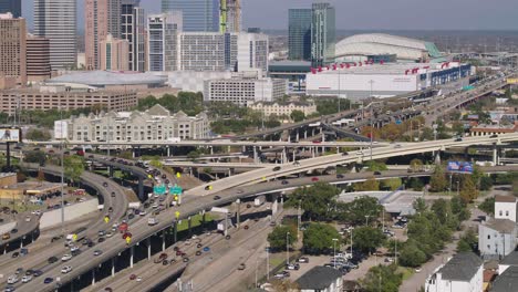 Drone-view-of-cars-on-59-heading-North-near-downtown-Houston