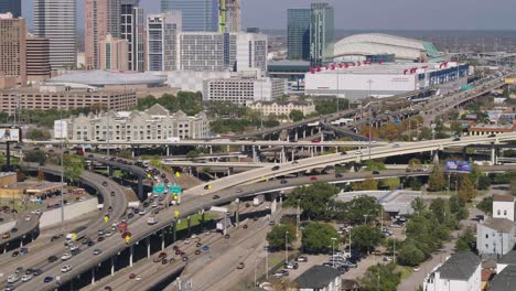 drone view of cars on 59 heading north near downtown houston