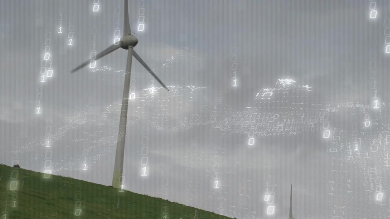 Binære cifre falder, kamera vipper, zoomer, turbine centrerer, rotor drejer, visualiserer data.