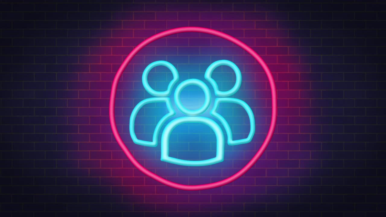 señal de neón brillante de muchas personas en una pared de ladrillo