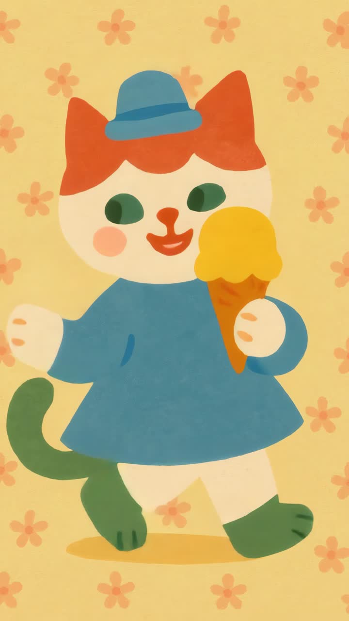 Whimsical illustration of a cat in a blue outfit holding ice cream