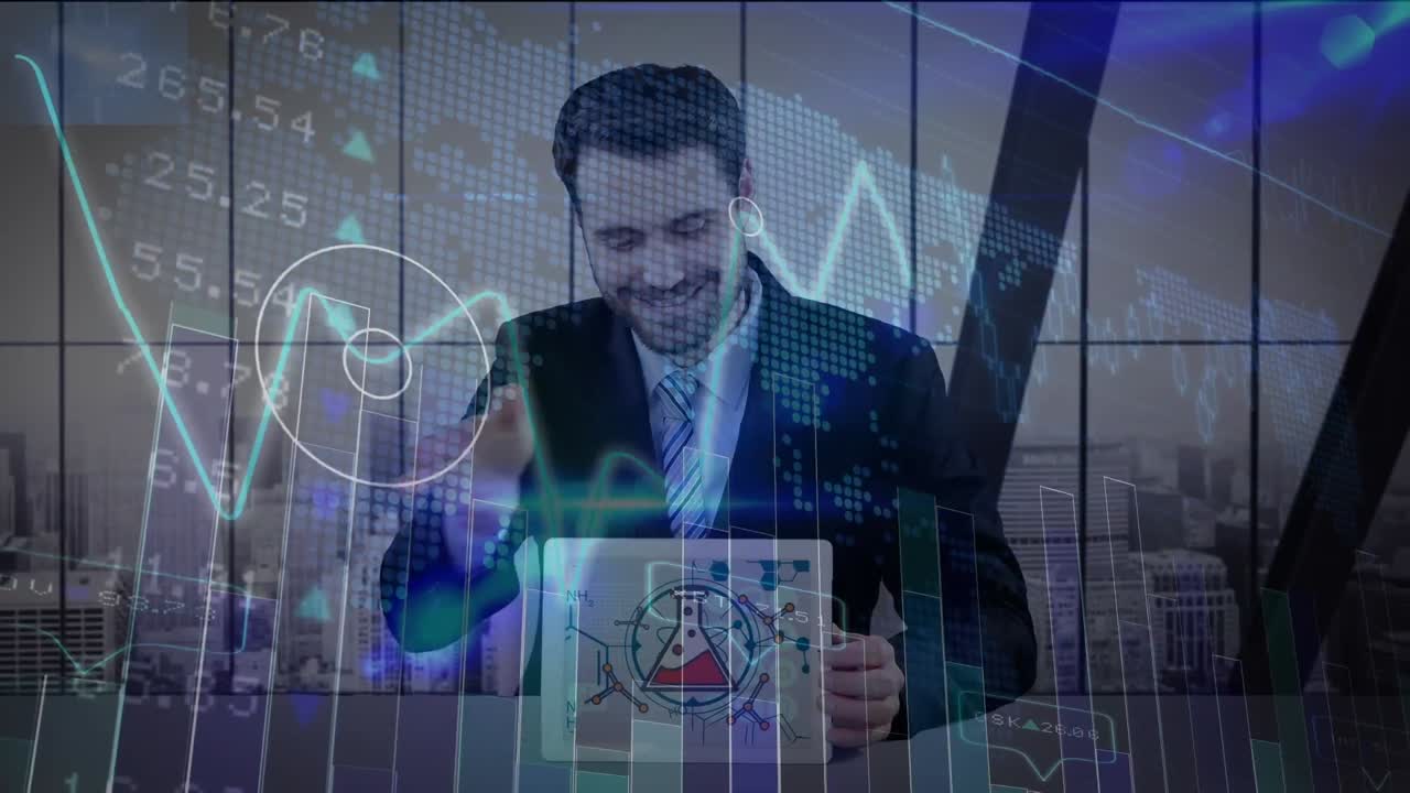 animación del procesamiento de datos sobre un hombre caucásico usando una tableta