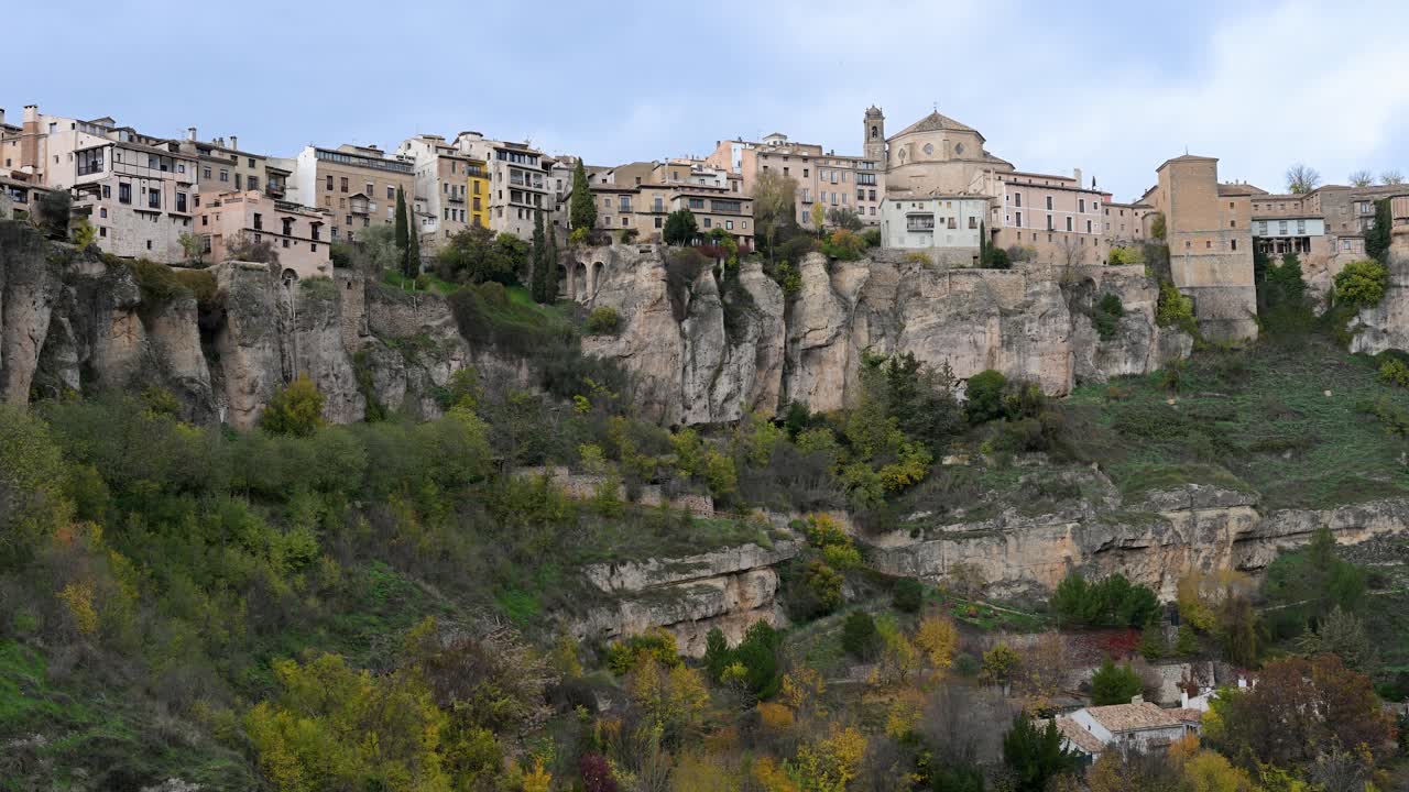 In Spain's Castilla-La Mancha region, the city of Cuenca's famous Hanging Houses (Casas Colgadas) are seen built into the cliffside on a winter day.
