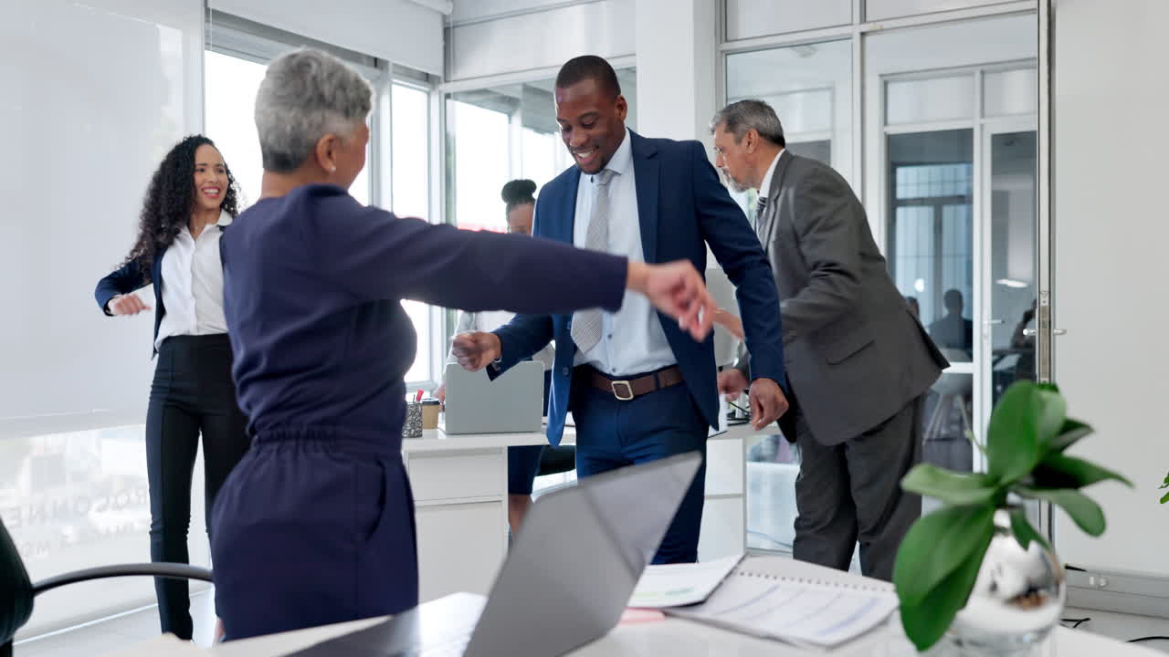 Business people, dancing and job celebration