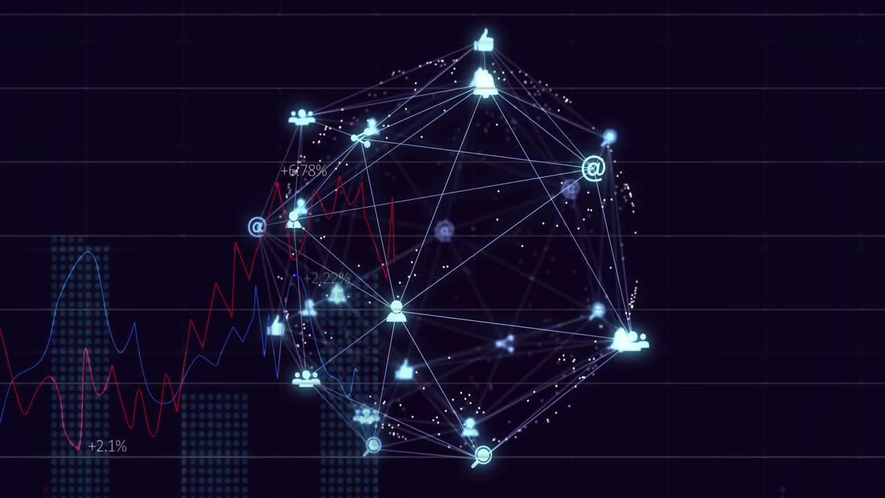 Animation of network of connections with icons over data processing