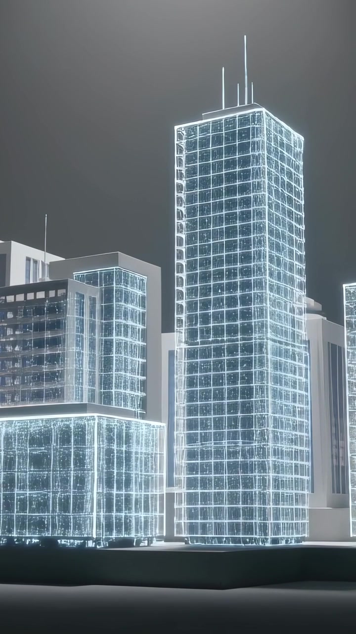 Video verticale: Torre di vetro illuminata con griglia ciano e antenne in città, bordo al neon che sale per una demo