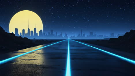 retro-futuristic cityscape with glowing highway and giant moon at night
