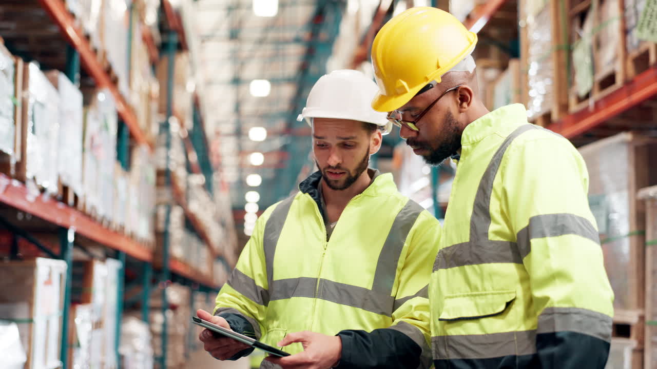 Warehouse workers using a tablet in a warehouse